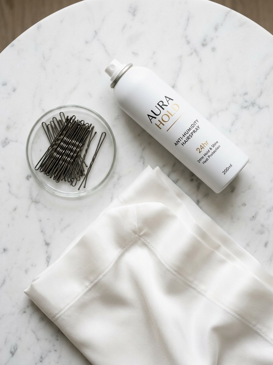 White anti-humidity hairspray bottle and small glass bowl of hair pins placed on a white marble table.