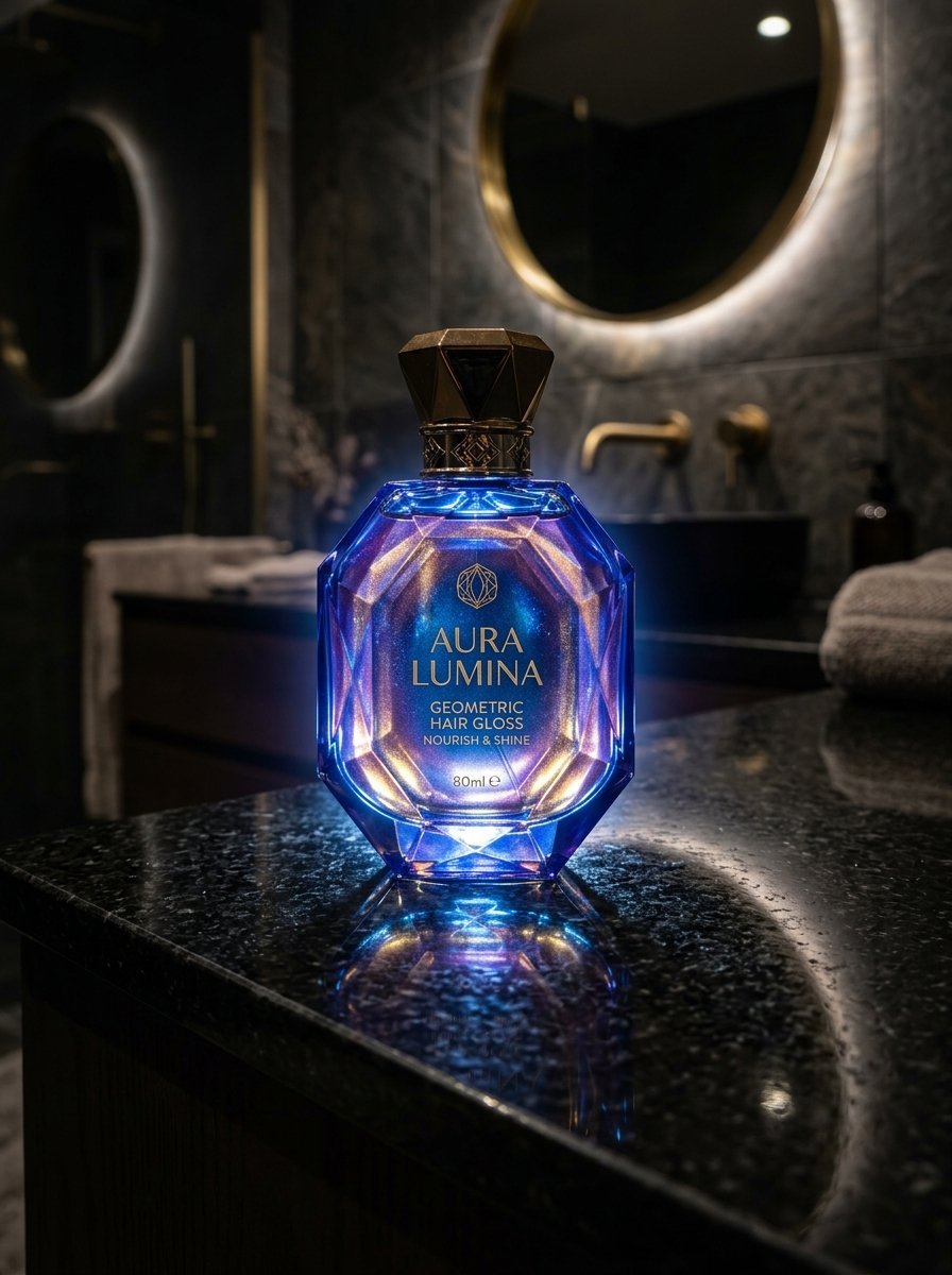A glowing blue and gold faceted perfume-style bottle of Aura Lumina hair gloss sitting on a stone bathroom vanity.