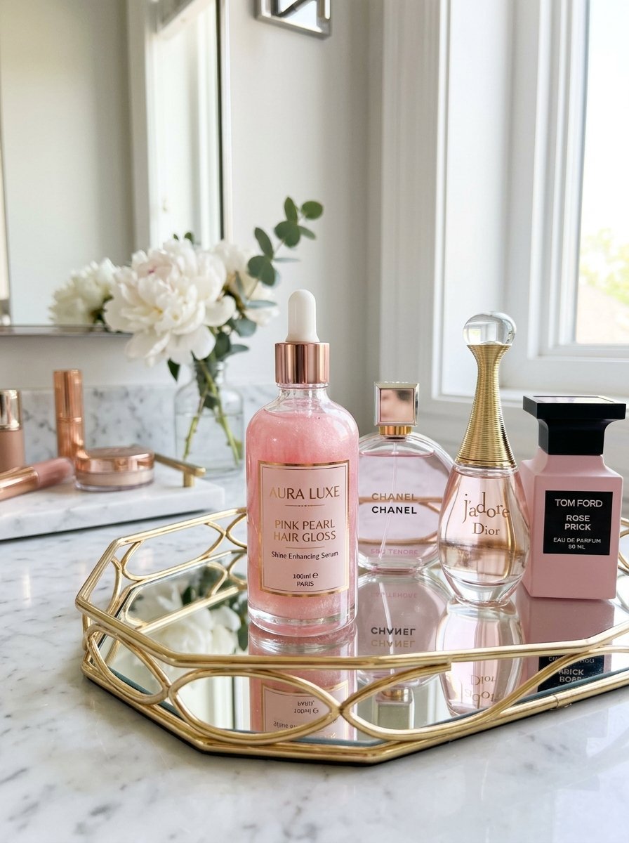 Pink pearl hair gloss bottle sitting on a gold mirrored tray beside three designer perfume bottles.