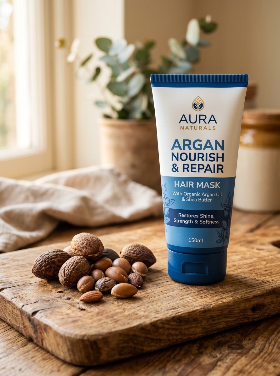 A tube of Aura Naturals hair mask next to a pile of argan nuts on a rustic wooden cutting board.