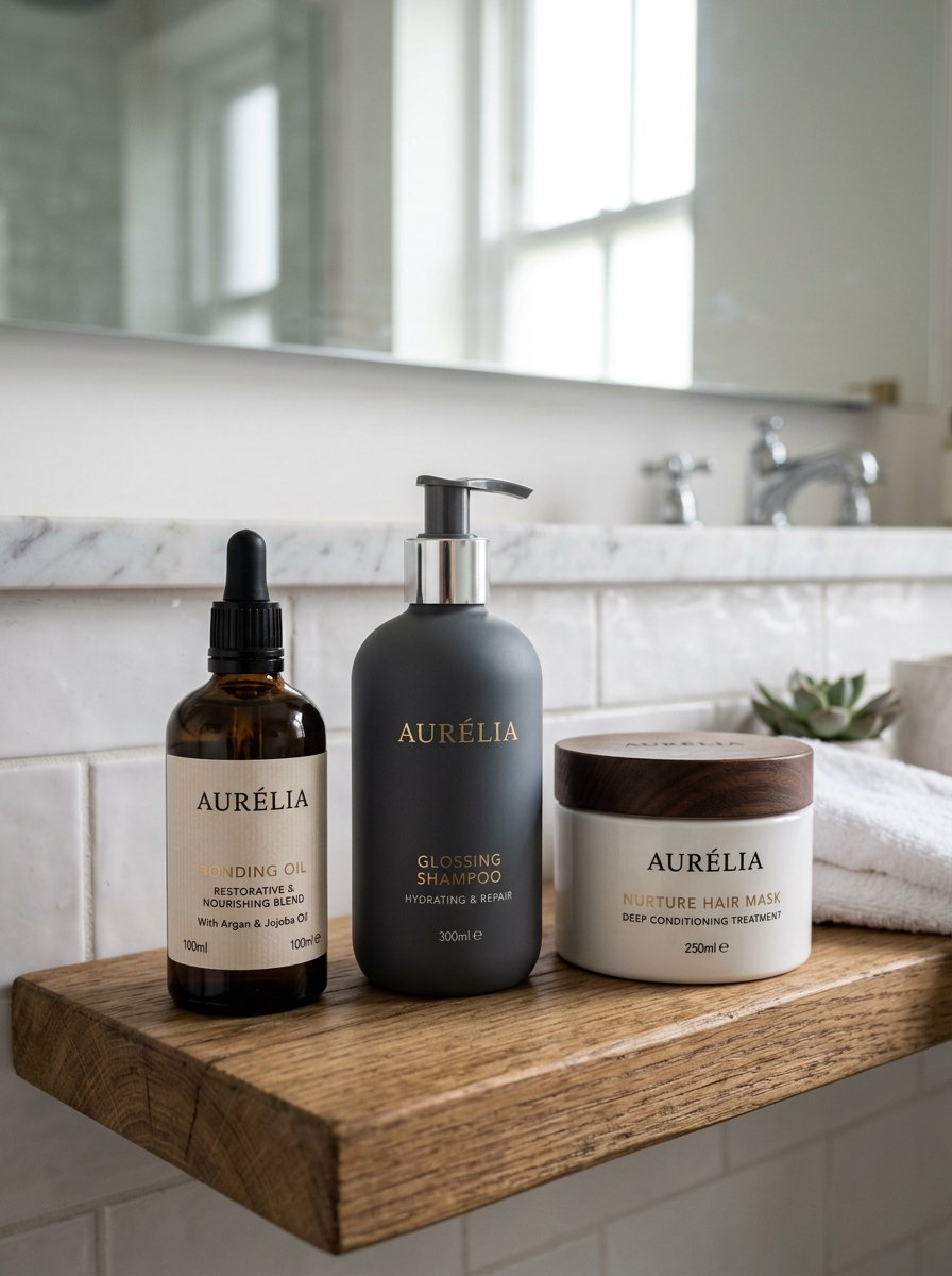 Bonding oil, glossing shampoo, and a hair mask from Aurelia arranged on a rustic wood shelf in a white bathroom.