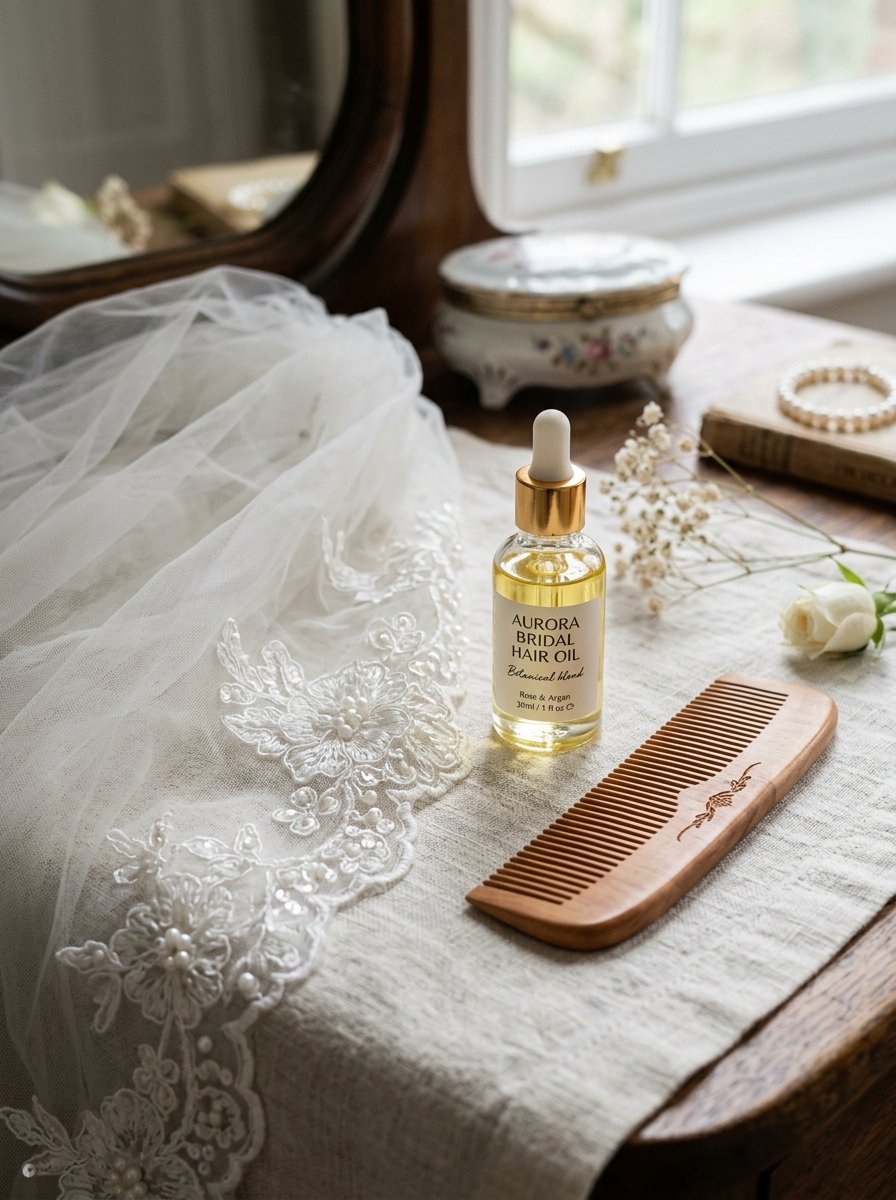 A dropper bottle of Rose and Argan hair oil resting on a linen cloth near an embroidered bridal veil and wooden comb.