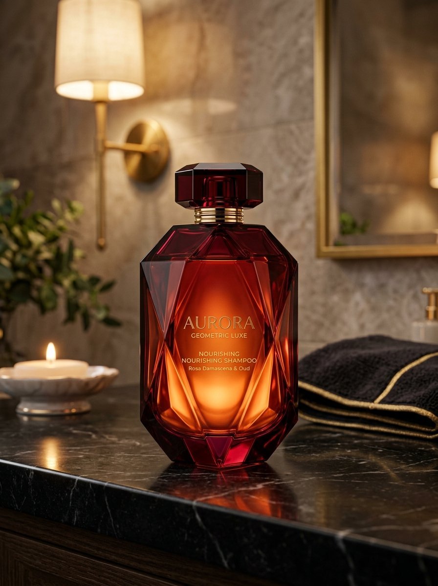 A dark red faceted glass bottle of Aurora Nourishing Shampoo sitting on a black marble surface next to a lit candle.