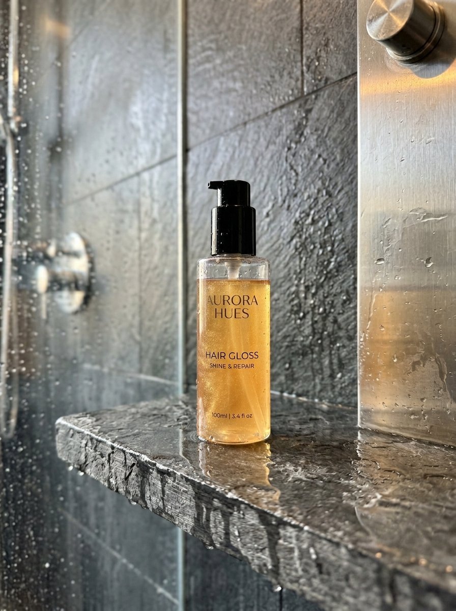 A pump bottle of gold-tinted hair gloss sitting on a wet, textured stone shelf inside a shower.
