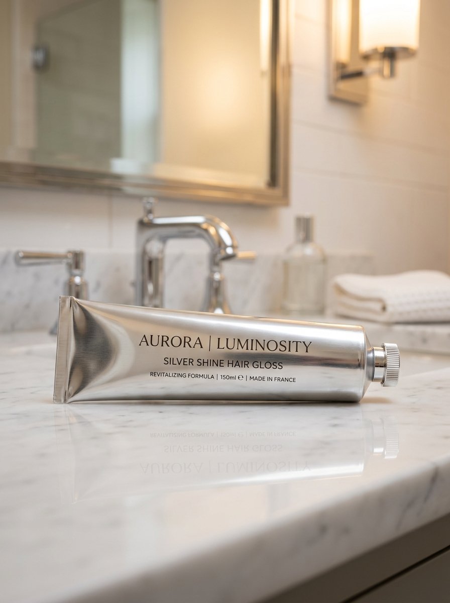 Silver tube of Aurora Luminosity hair gloss resting on a white marble bathroom countertop.