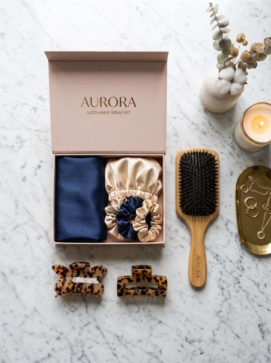 Satin wrap kit with blue silk scarf, bonnet, scrunchies, wooden hairbrush, and tortoiseshell clips on marble.