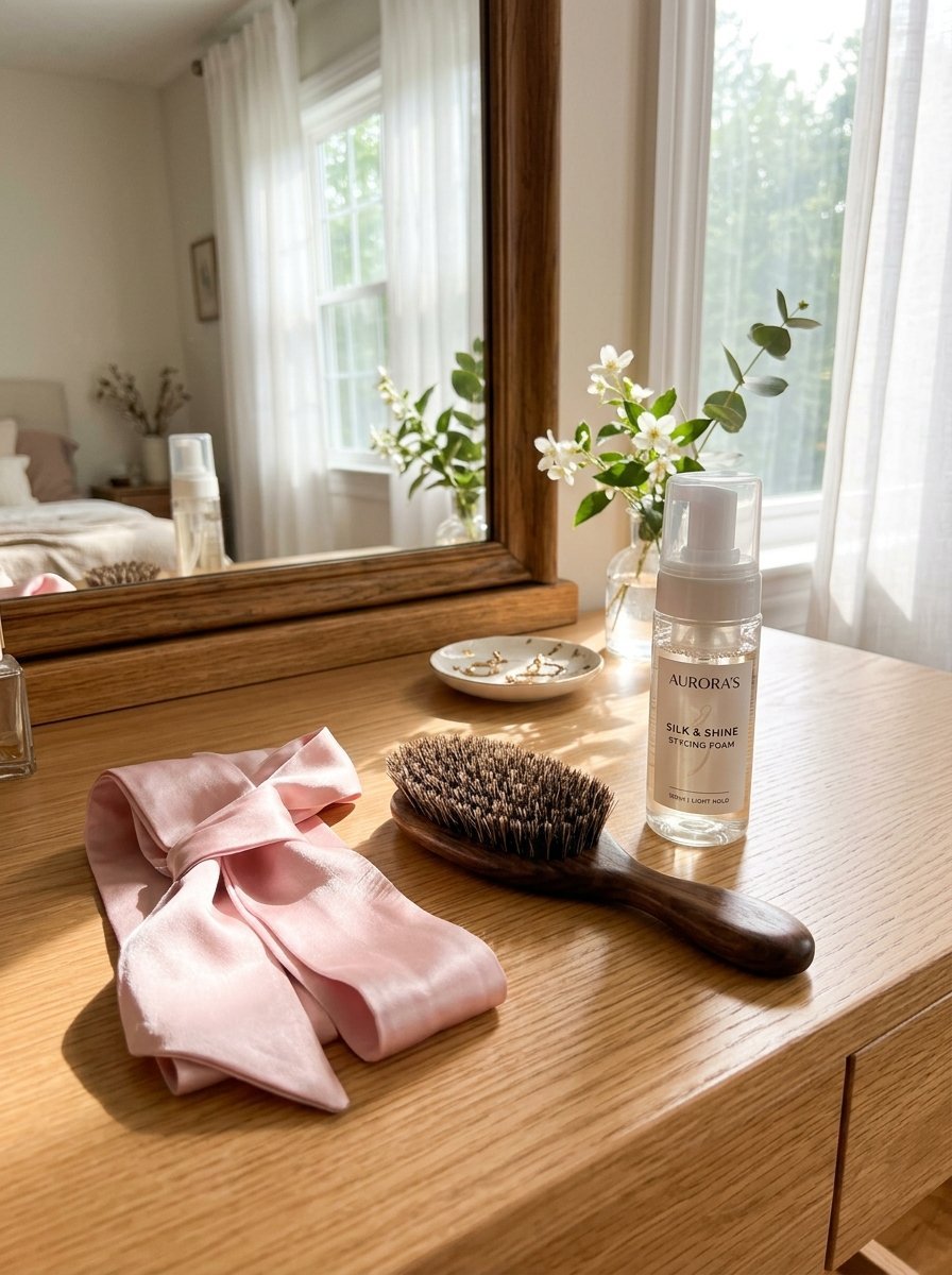 Pink silk headband and boar bristle brush next to Aurora's hair styling foam on a vanity by a sunlit window.