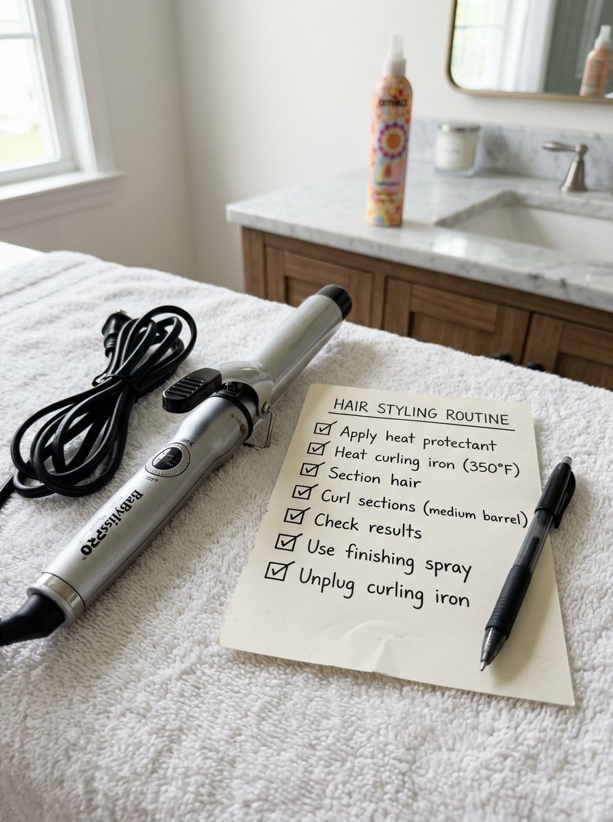 A curling iron and a written hair styling checklist on a white towel near a bathroom sink.