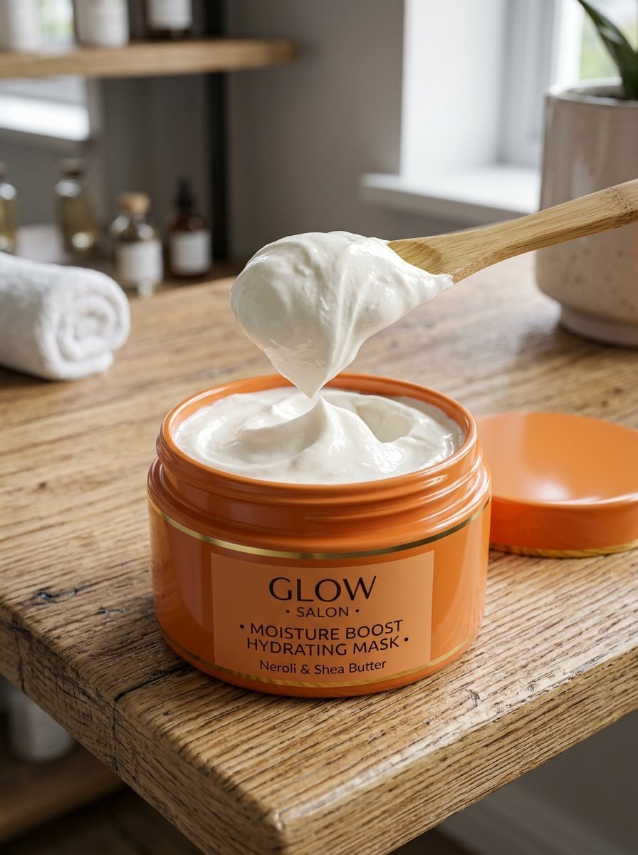 A wooden scoop lifting white creamy facial mask from an orange container on a wooden counter.