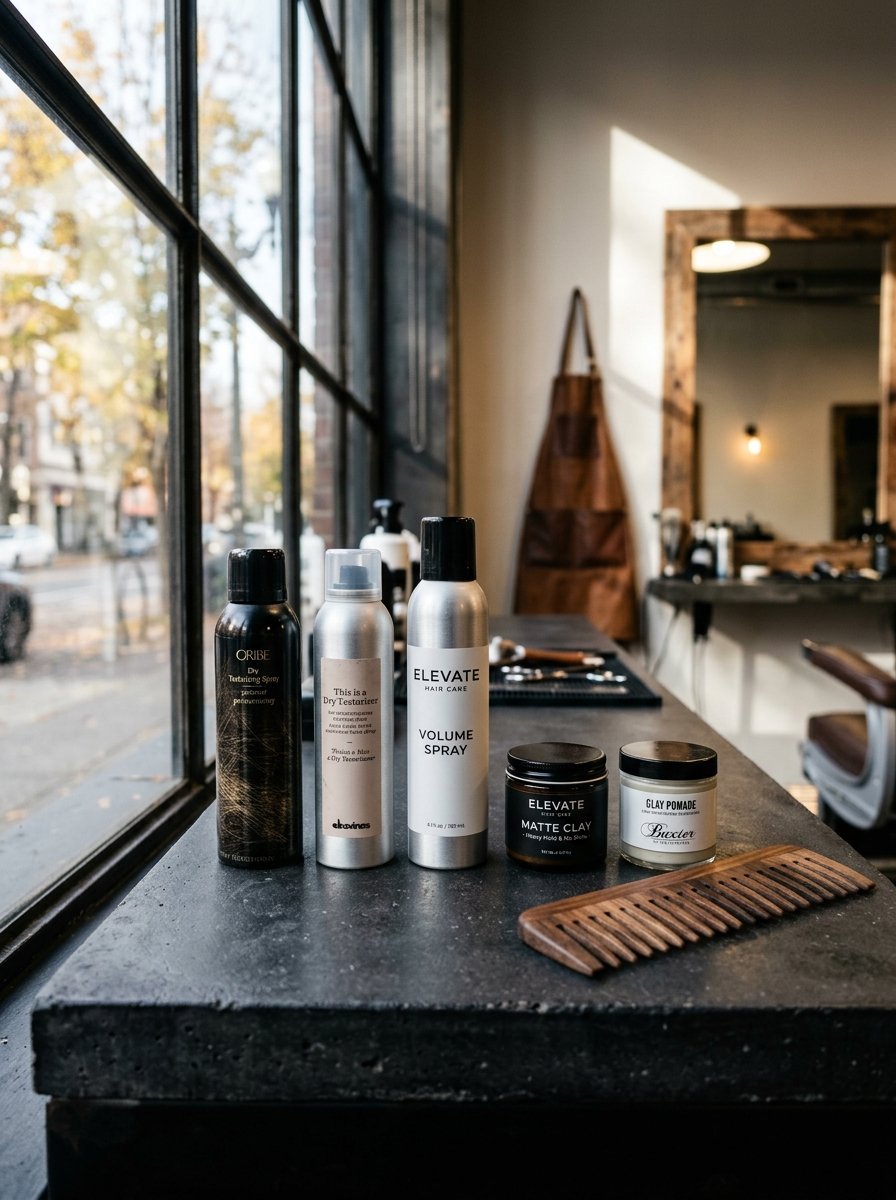 Selection of hair spray and pomade jars placed next to a wooden comb on a slate surface in a salon.
