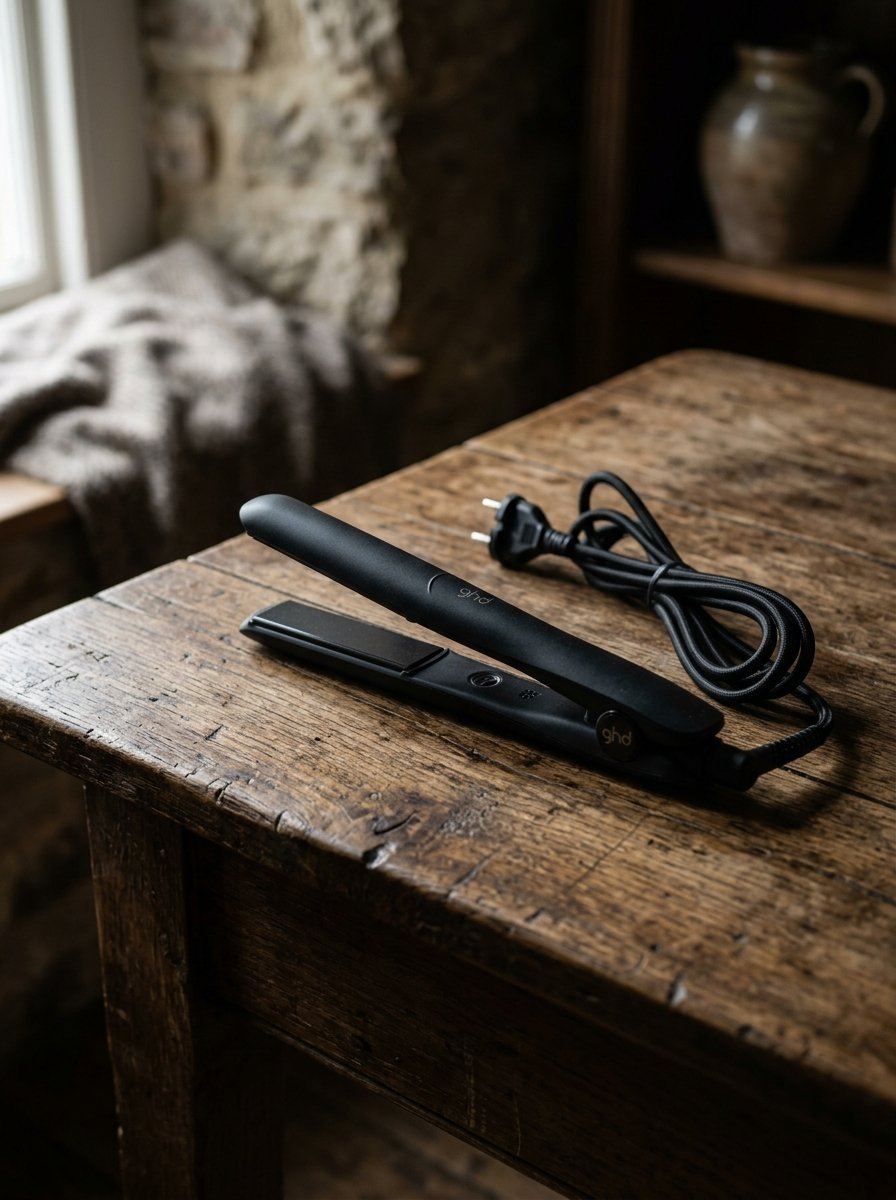 A black GHD hair styling tool with its power cord lying on a dark wood antique table.