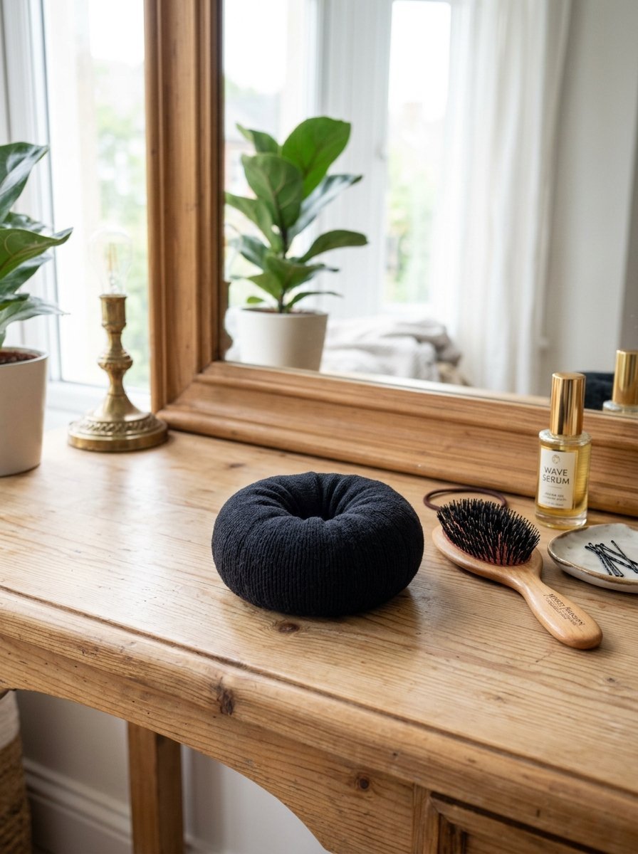 Round black hair bun shaper accessory placed on a light wooden dressing table next to a brush and wave serum.