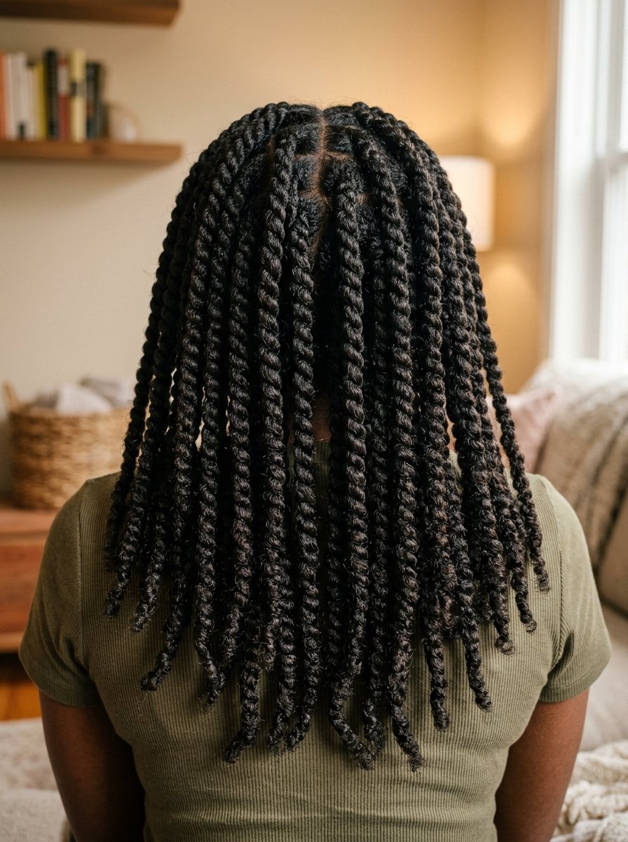 A person viewed from behind with shoulder-length dark hair styled in uniform rope twist braids.