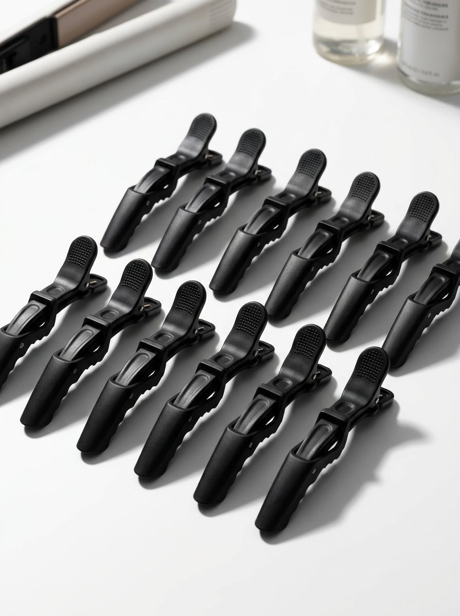 Twelve identical black plastic hair clips lined up on a clean white table surface.