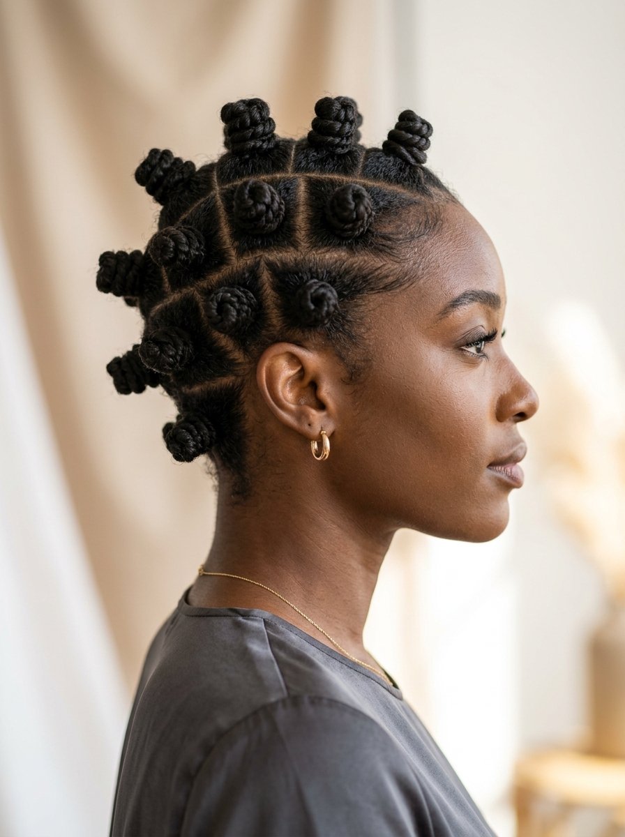 Side profile of a Black woman with natural hair styled into small, neat bantu knots with visible partings.