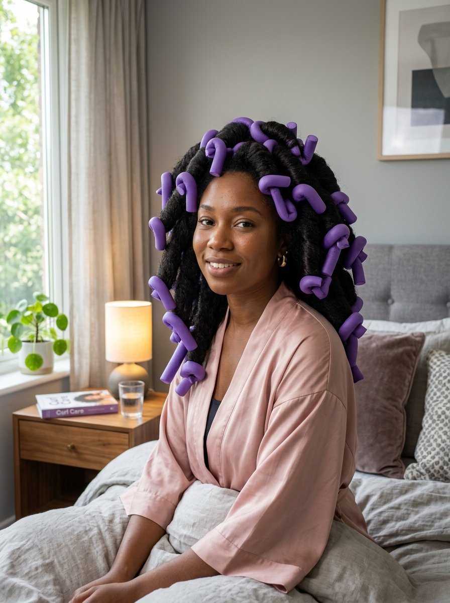 Smiling woman in a pink robe sitting on a bed with purple hair curlers throughout her thick, dark hair.