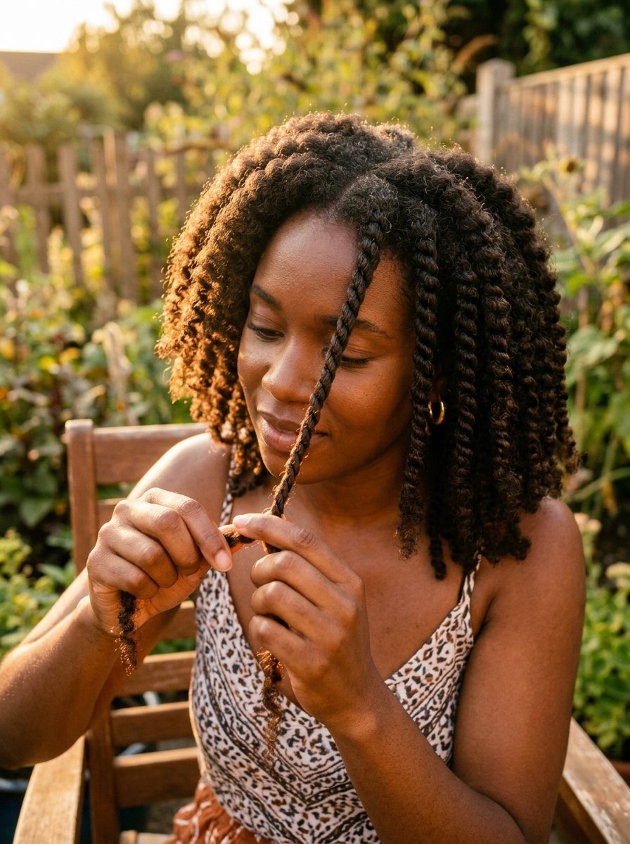 A woman with short dark hair in twists sitting in a garden during golden hour.
