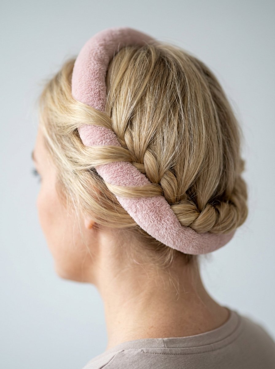Close-up back view of a woman with braided blonde hair accessorized with a thick plush pink headband.
