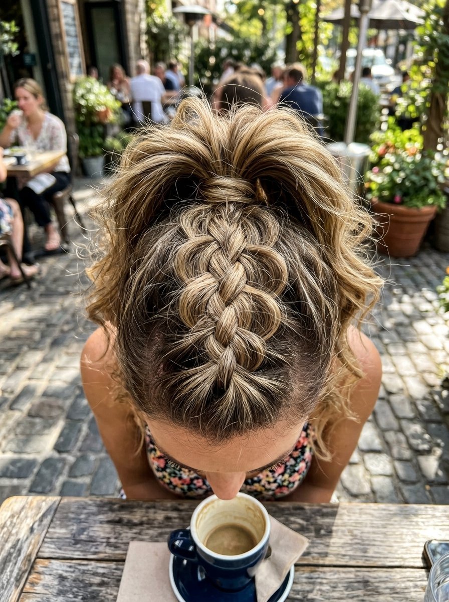 Close-up of a blonde woman wearing a complex braided ponytail hairstyle while leaning over a cup of espresso.