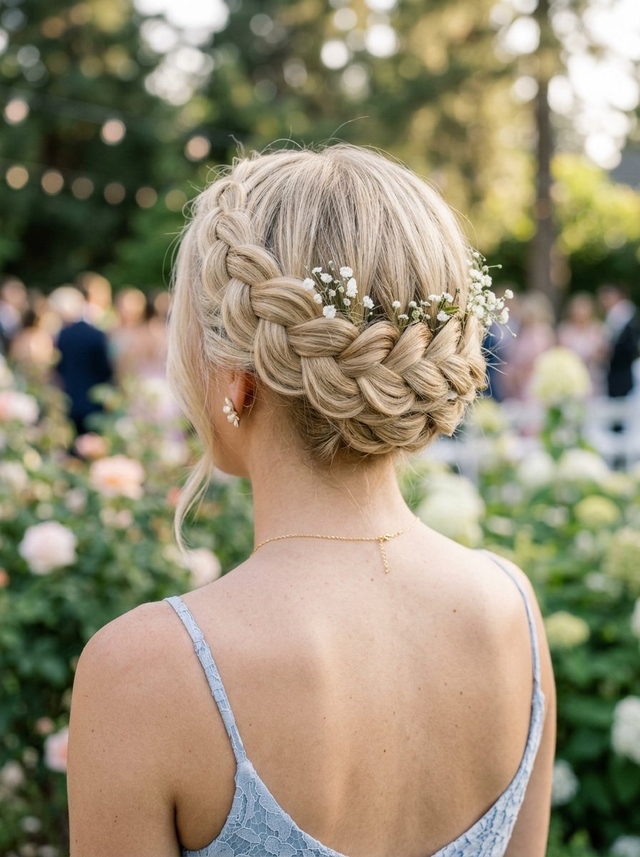 Back view of a woman with a blonde Dutch braid hairstyle decorated with small white flowers in a garden setting.