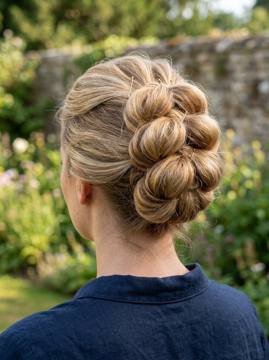 Back view of a woman with highlighted blonde hair styled in an intricate, multi-sectioned braided bun.