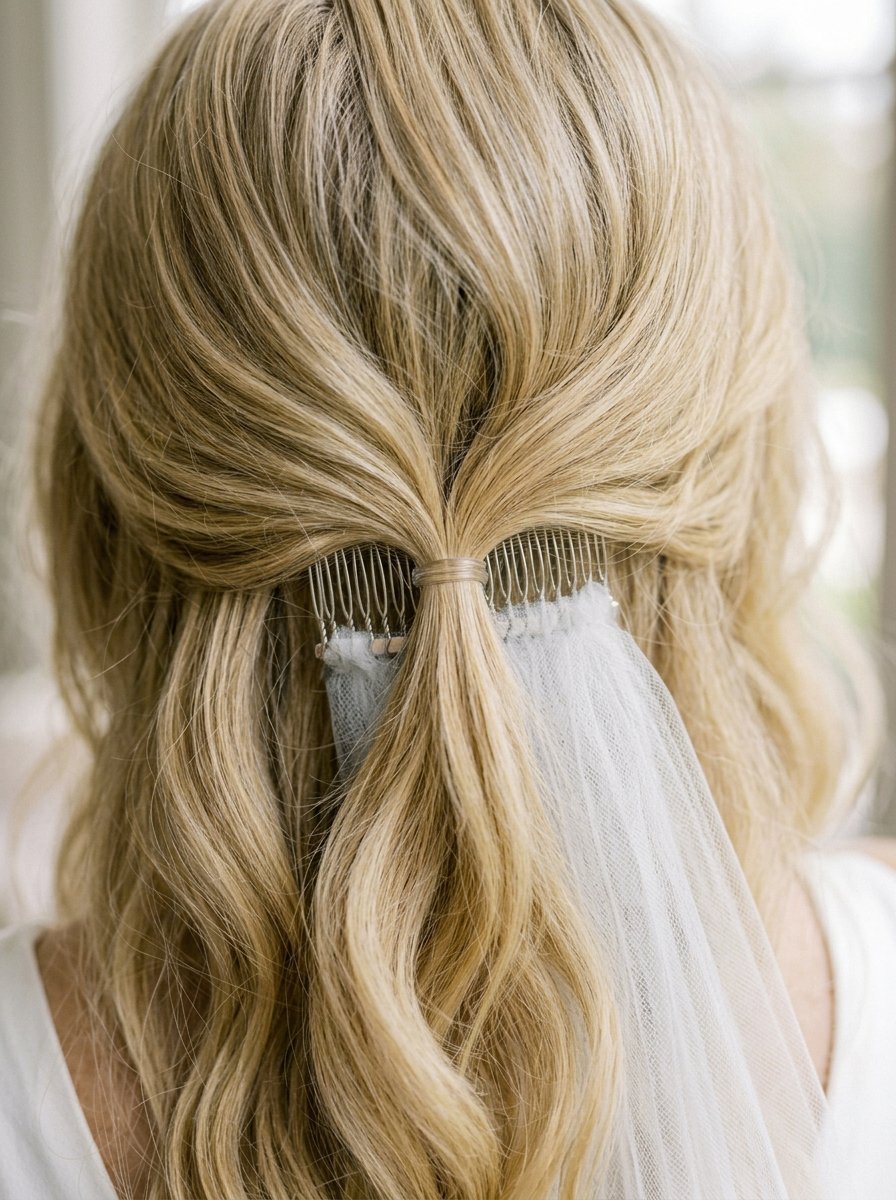 Close-up back view of a woman with wavy blonde hair styled half-up and held in place by a white tulle wedding veil.
