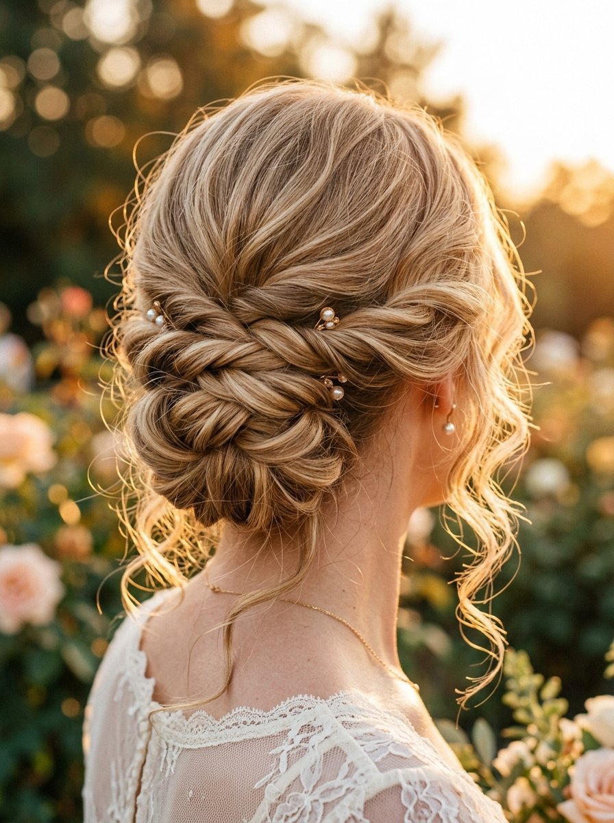 Back view of a bride with blonde hair in a textured, braided low bun hairstyle with small pearl accessories.