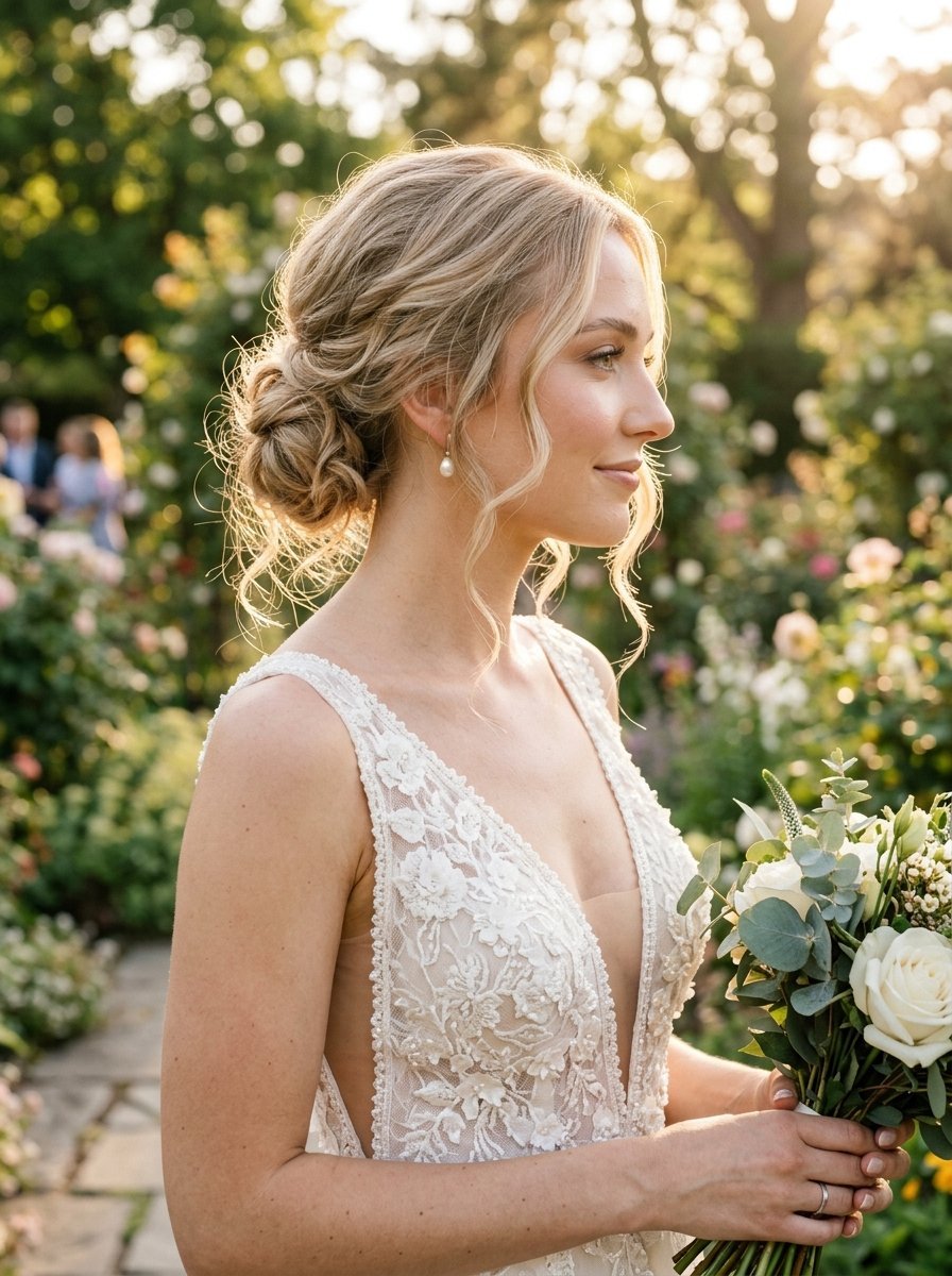 Side profile of a woman with an elegant updo wearing a sleeveless embroidered wedding dress in a garden at golden hour.