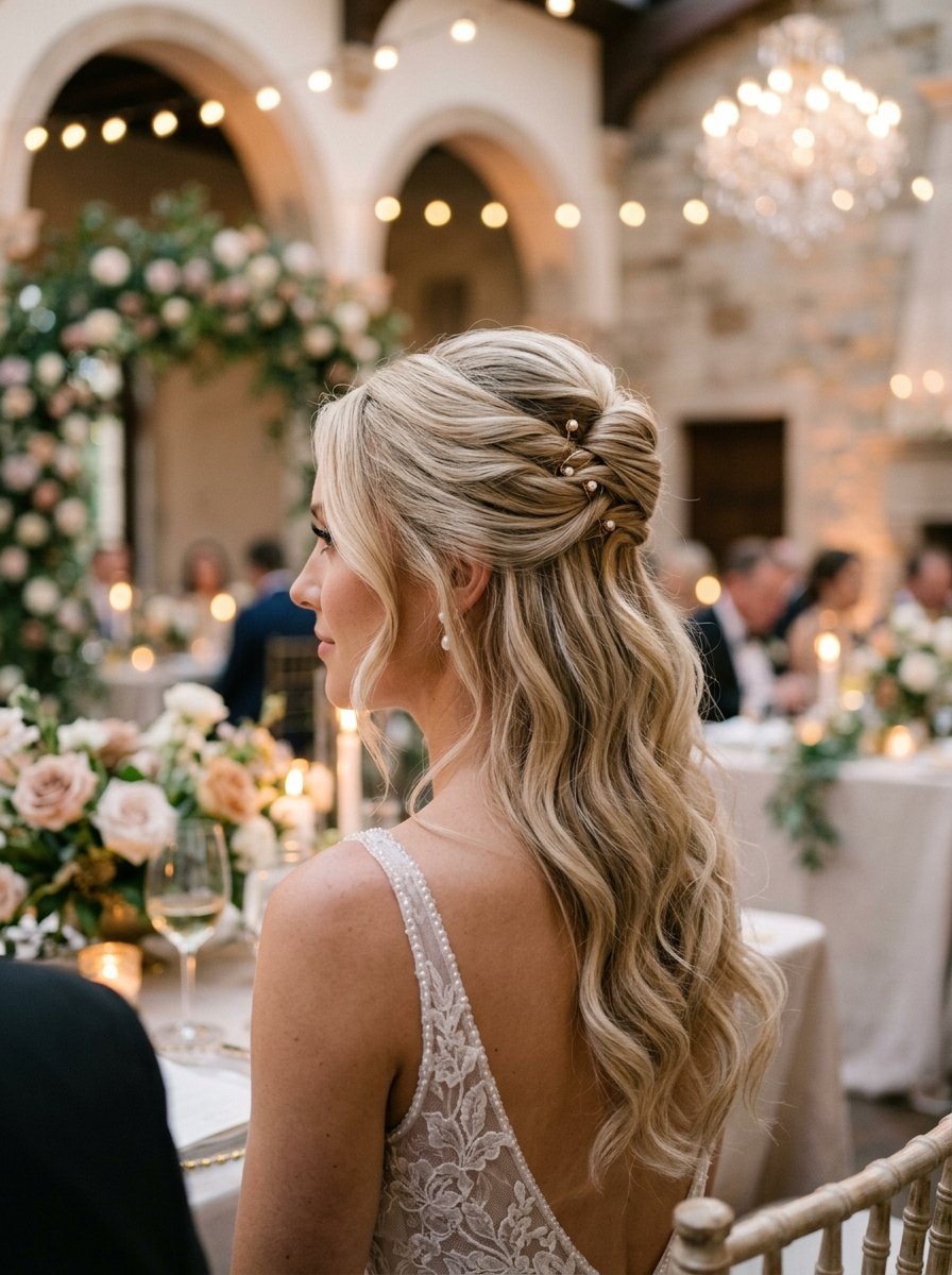 Close-up profile of a bride with wavy blonde hair featuring pearl hairpins at a reception dinner.