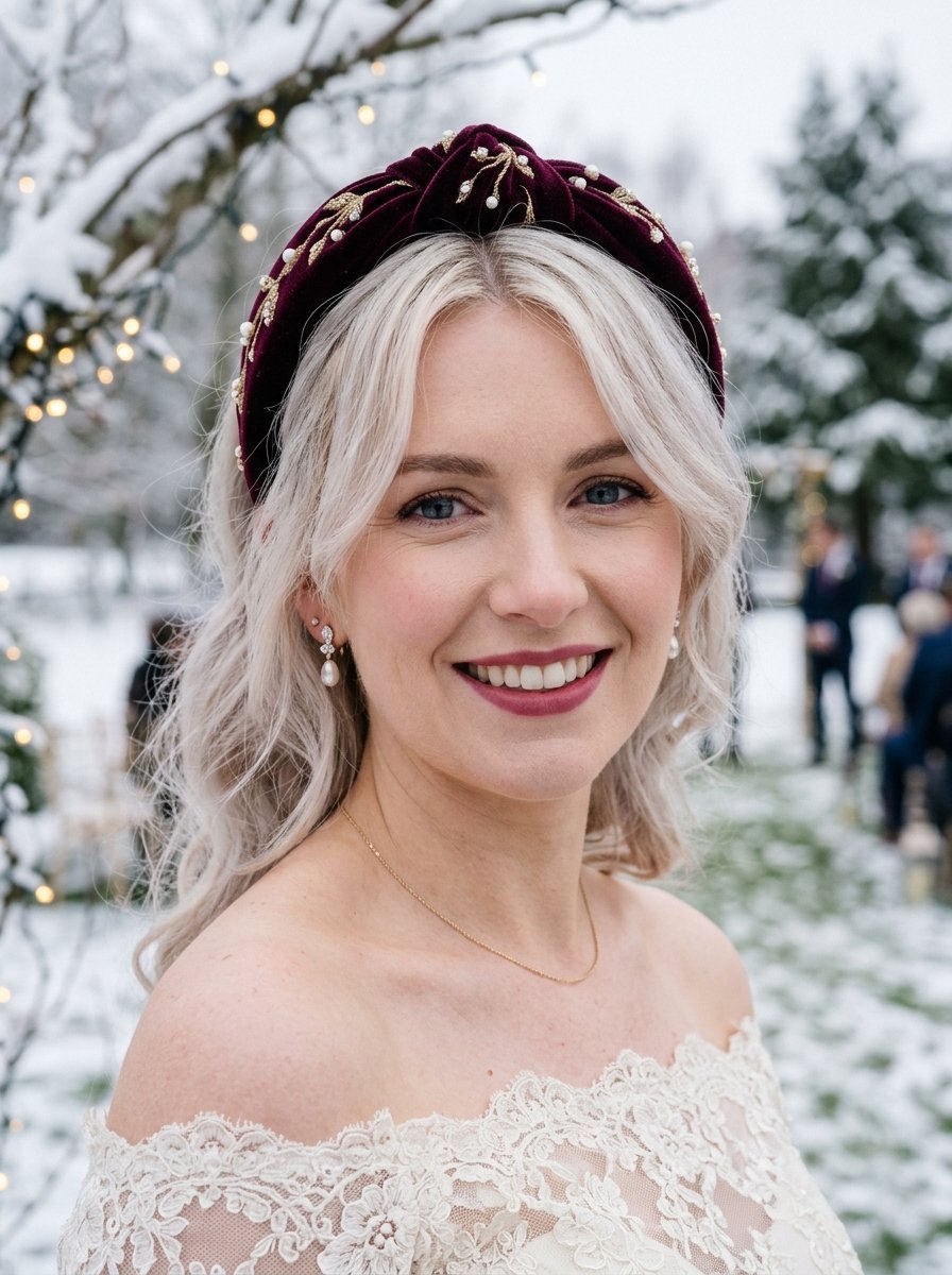 Close up of a blonde woman wearing a deep red velvet headband with gold and pearl details in a snowy setting.