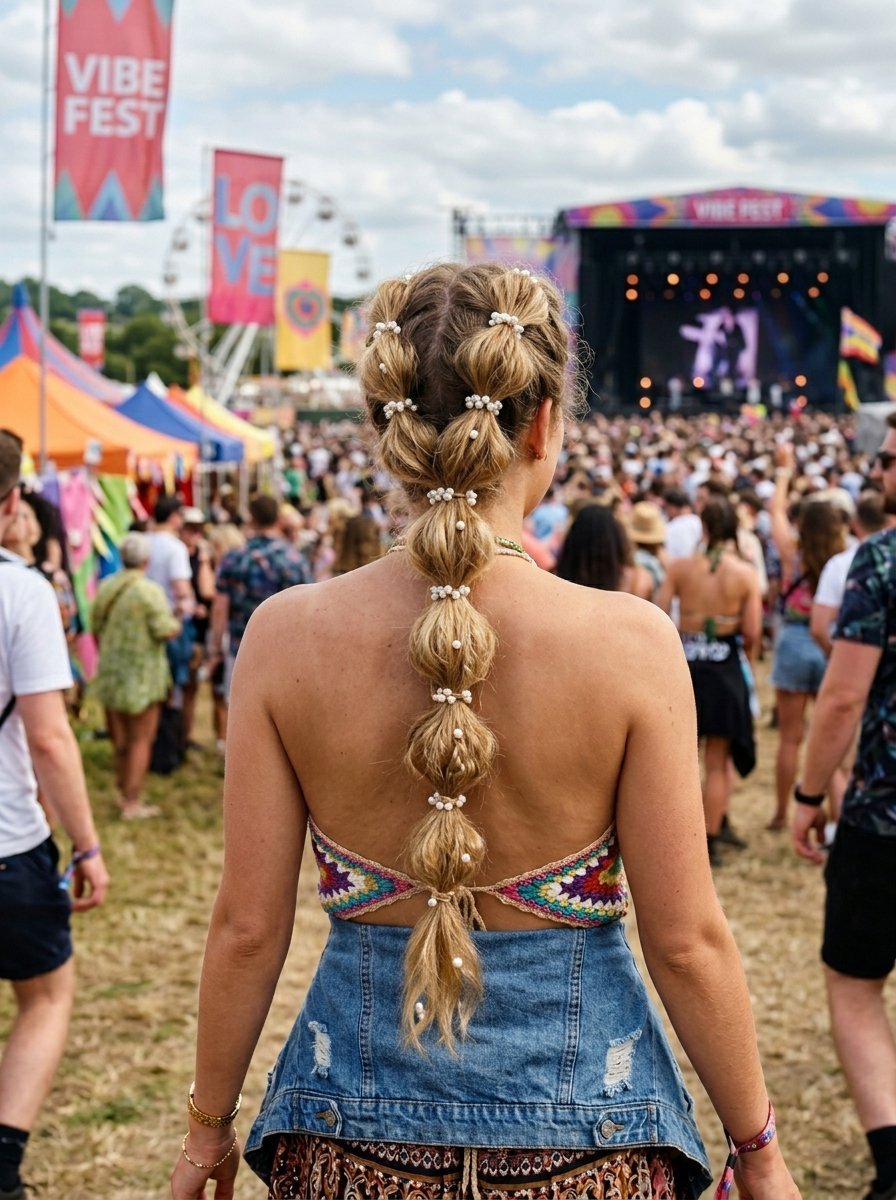 Back view of a woman wearing a long blonde bubble braid hairstyle decorated with small white pearls at a sunny festival.