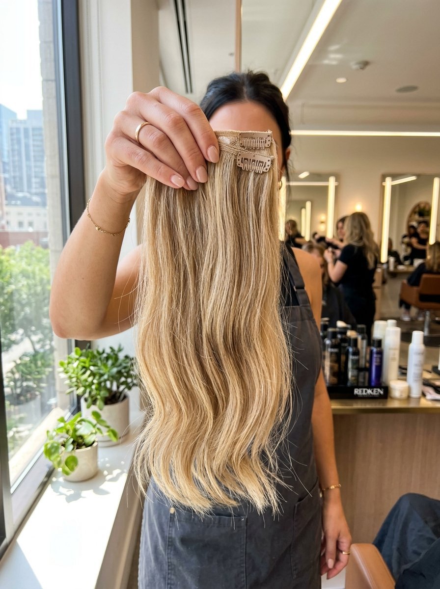 A person holding a set of light blonde, wavy hair extension wefts with metal clips in a hair salon.