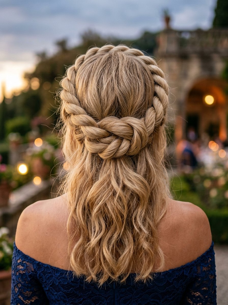 Back view of a woman with long blonde wavy hair styled in a decorative braided crown half-updo.