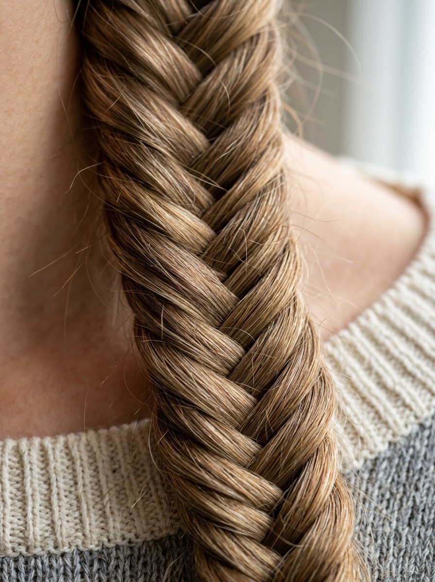 Detailed back view of a textured blonde fishtail plait worn by a person in a grey sweater.