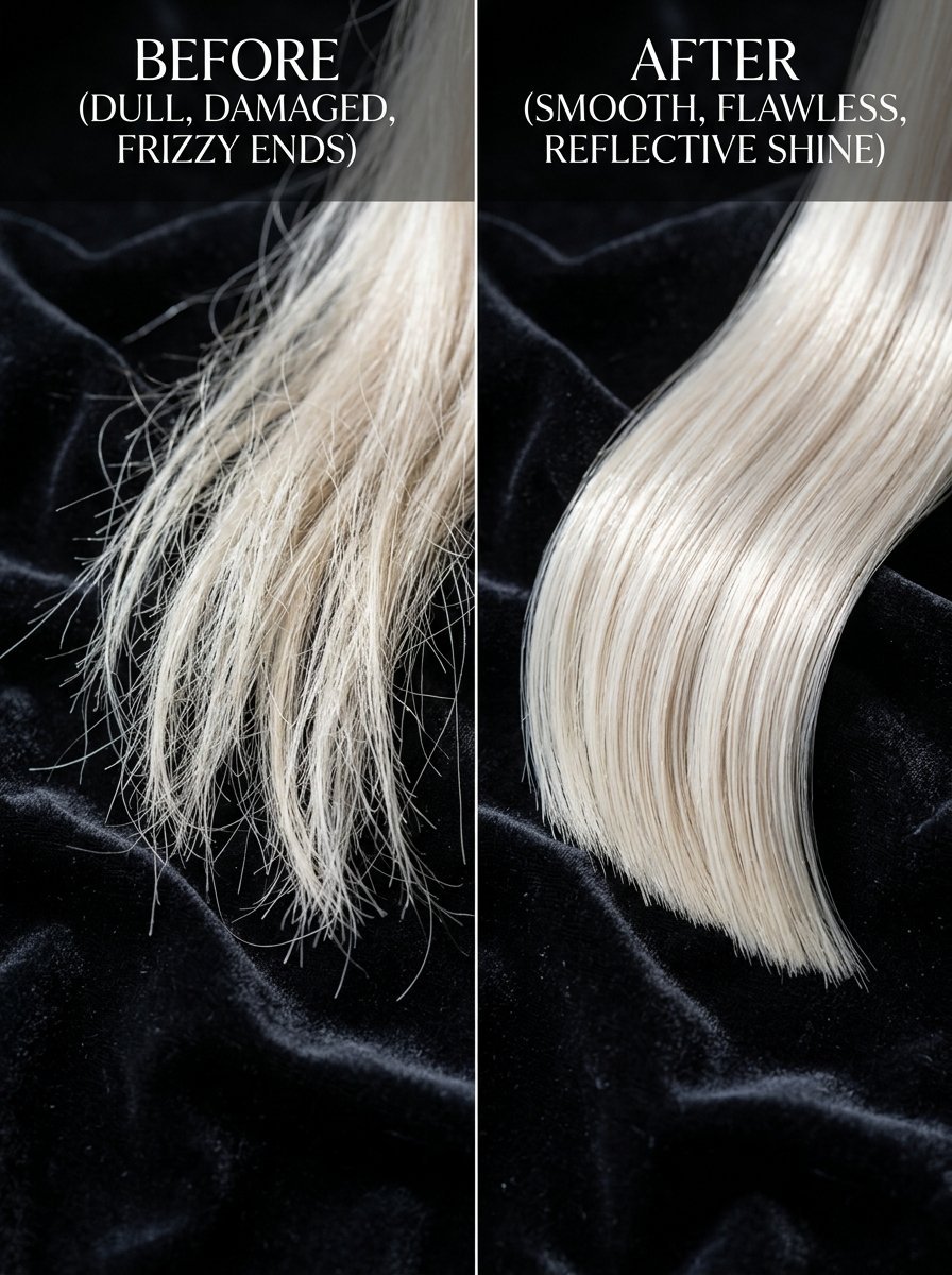 Split screen image showing a before view of dry damaged hair and an after view of sleek hydrated blonde hair.