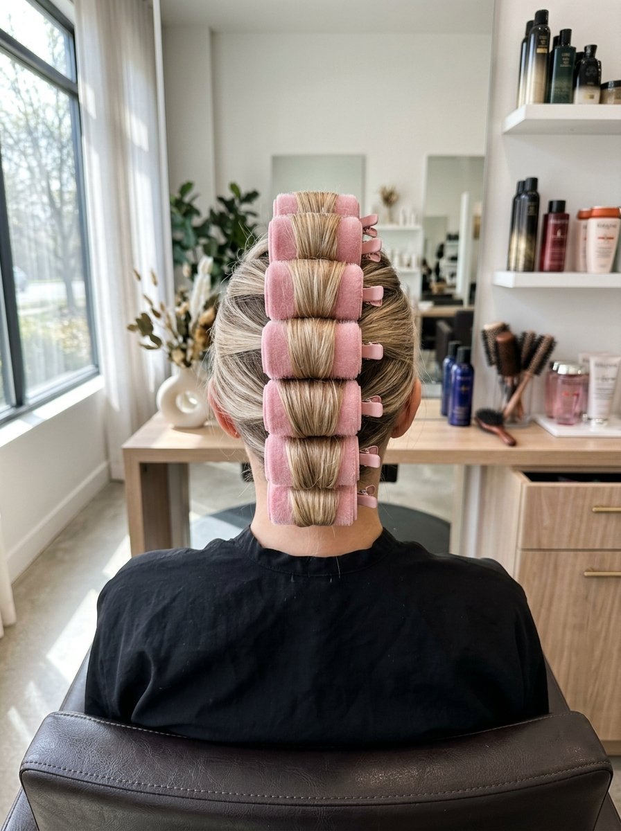 Blonde hair styled in a vertical line of pink velcro hair rollers while sitting in a professional salon chair.