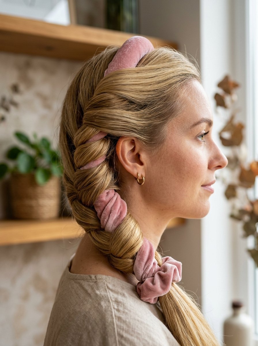 Side profile of a woman with blonde braided hair styled with a pink velvet headband and matching scrunchie.