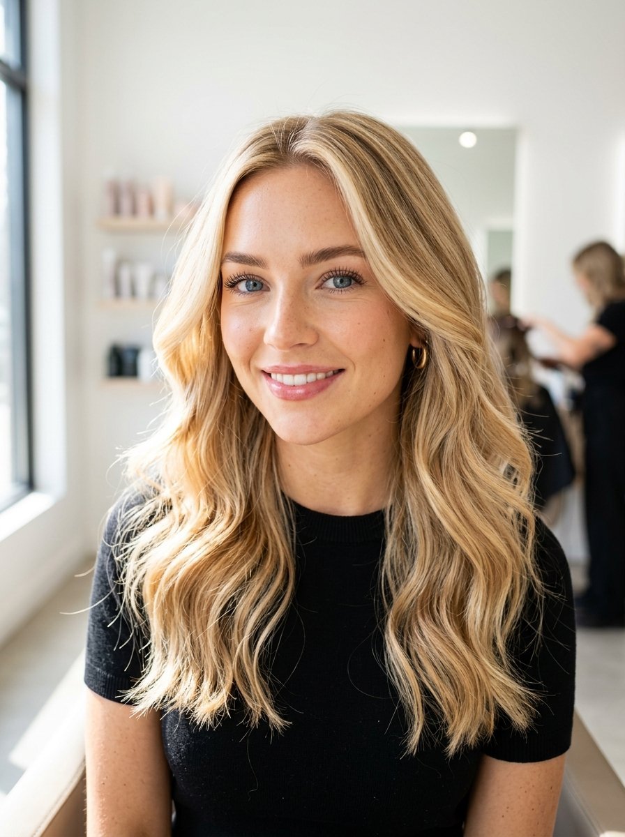 Portrait of a woman with long blonde hair and a black shirt sitting in a salon chair.