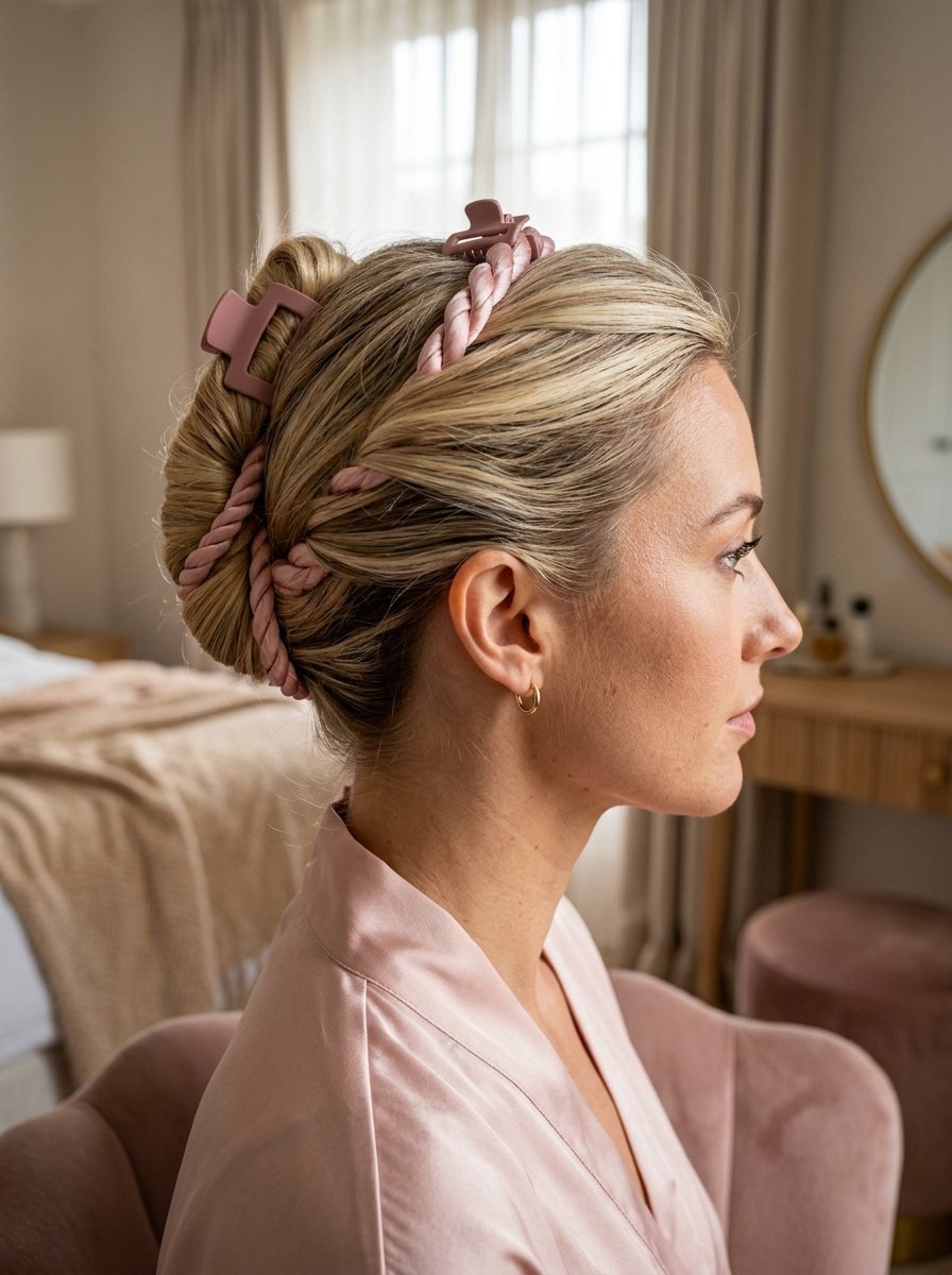 Side profile of a woman with braided blonde hair secured by a matte pink claw clip.