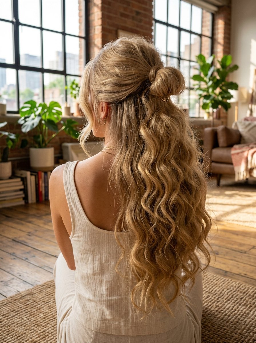 Back view of a woman with long, blonde, wavy hair pulled into a half-up bun sitting in a sunny industrial loft.