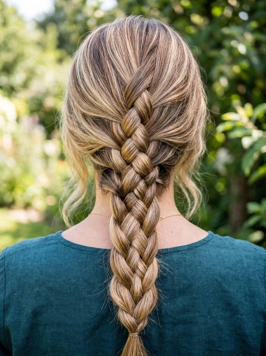 Back view of a woman wearing a thick French braid with blonde highlights outdoors.