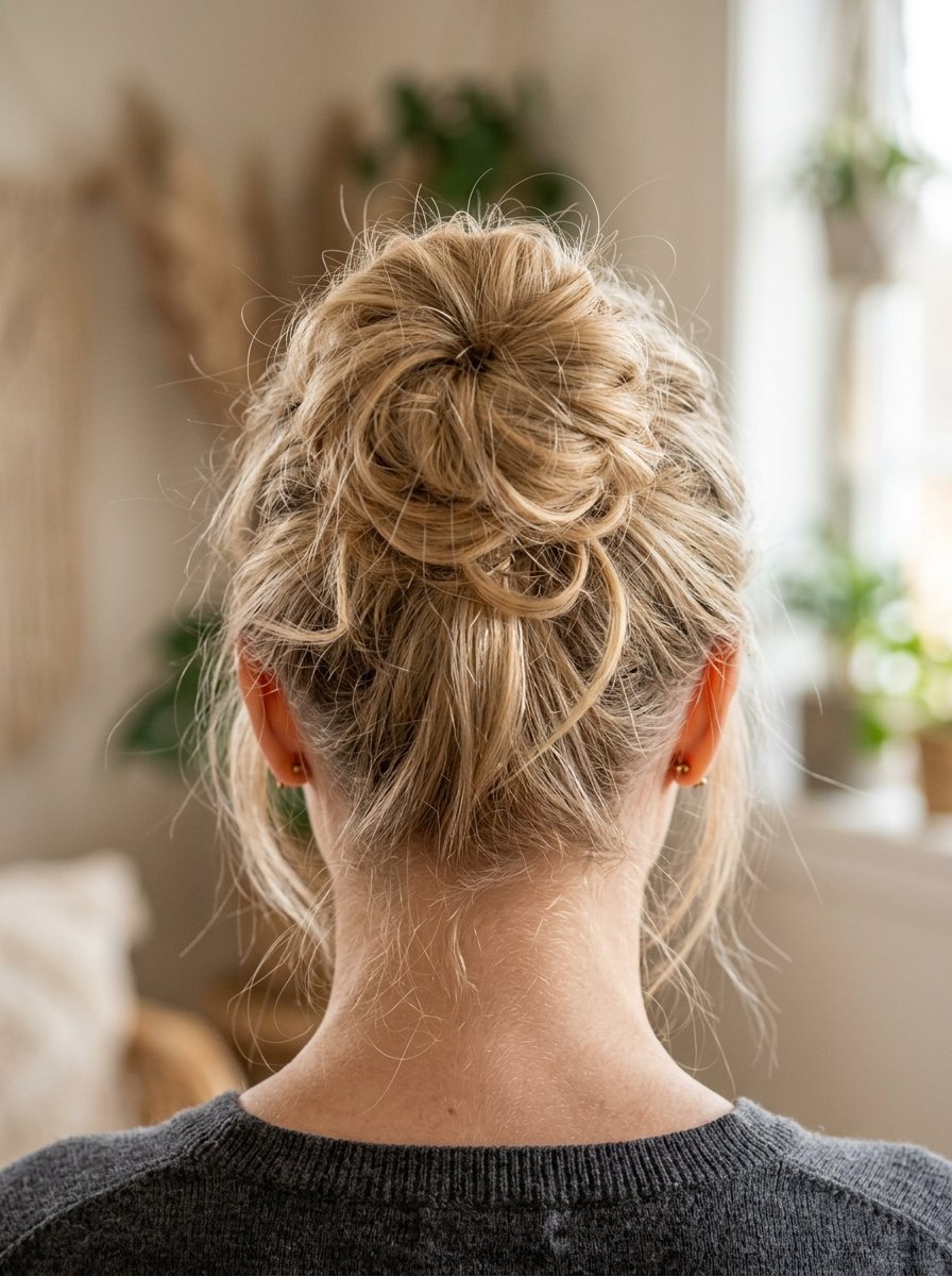 Close up rear view of a blonde woman wearing a textured high messy bun hairstyle.