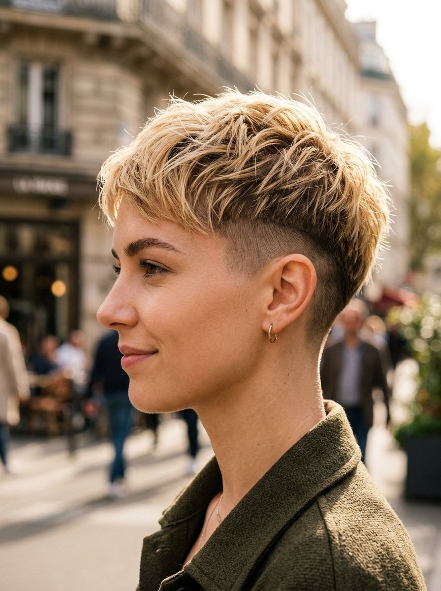 Side profile of a woman with a layered blonde short haircut featuring an undercut on a city street.