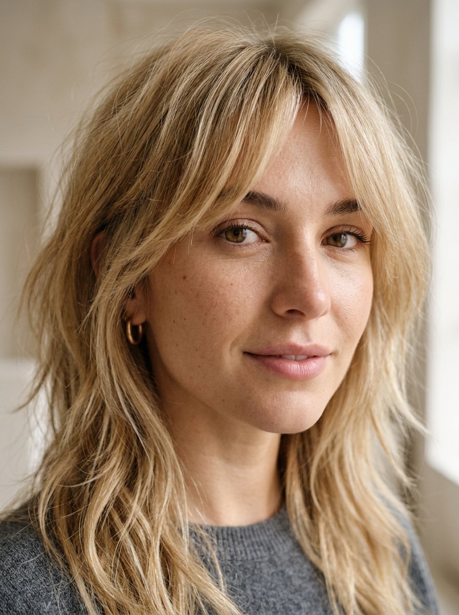 A woman with medium-length layered blonde hair and curtain bangs looking at the camera.