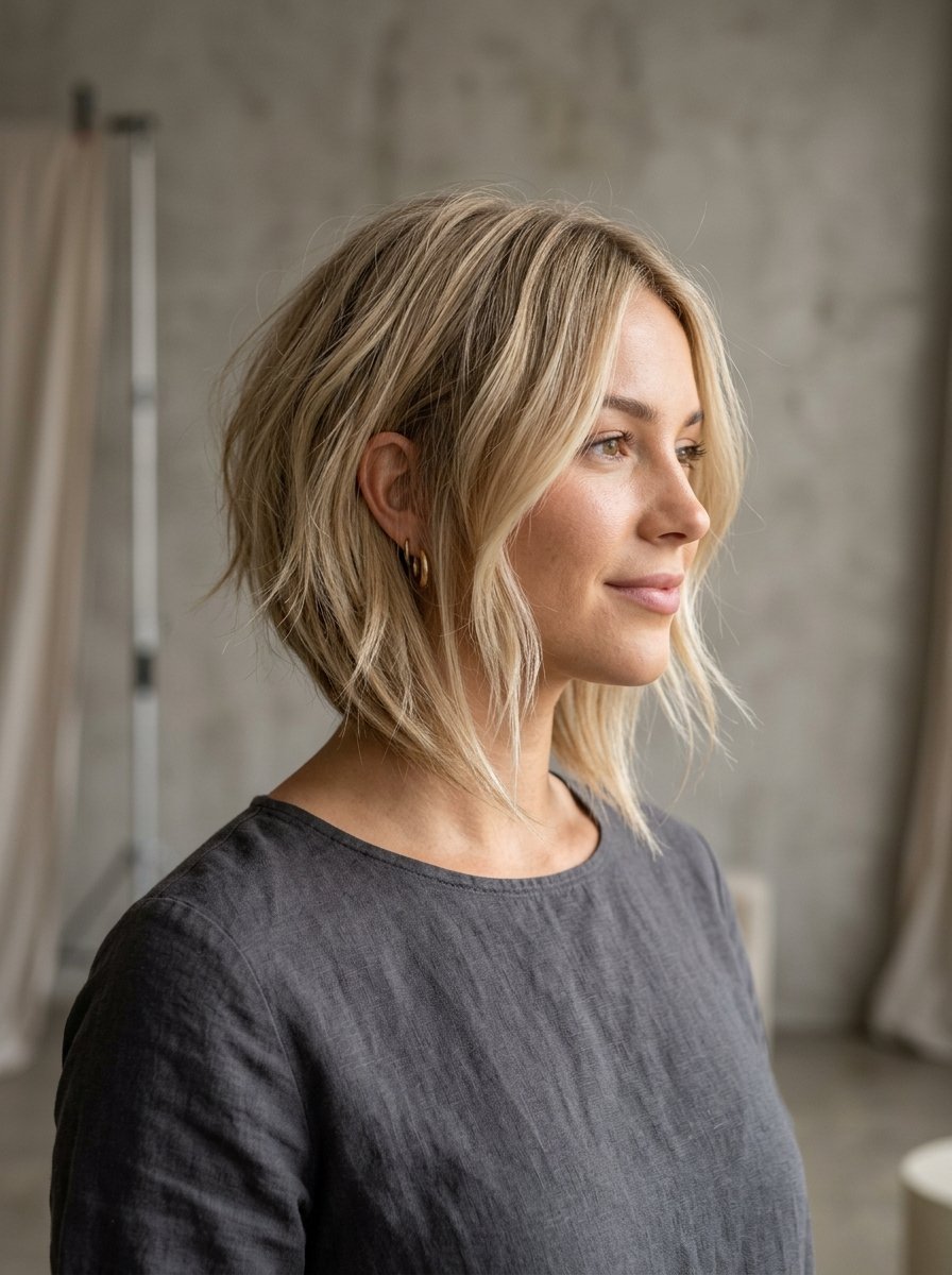 Profile view of a woman with short blonde layered hair wearing a grey shirt in a studio setting.