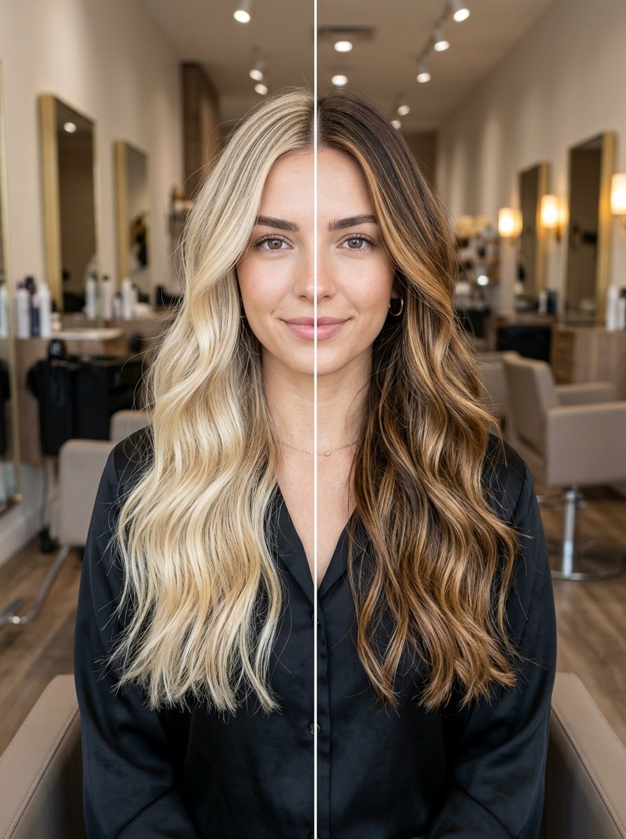 Woman showcasing a side-by-side hair color transition from bright blonde to warm brown in a salon setting.