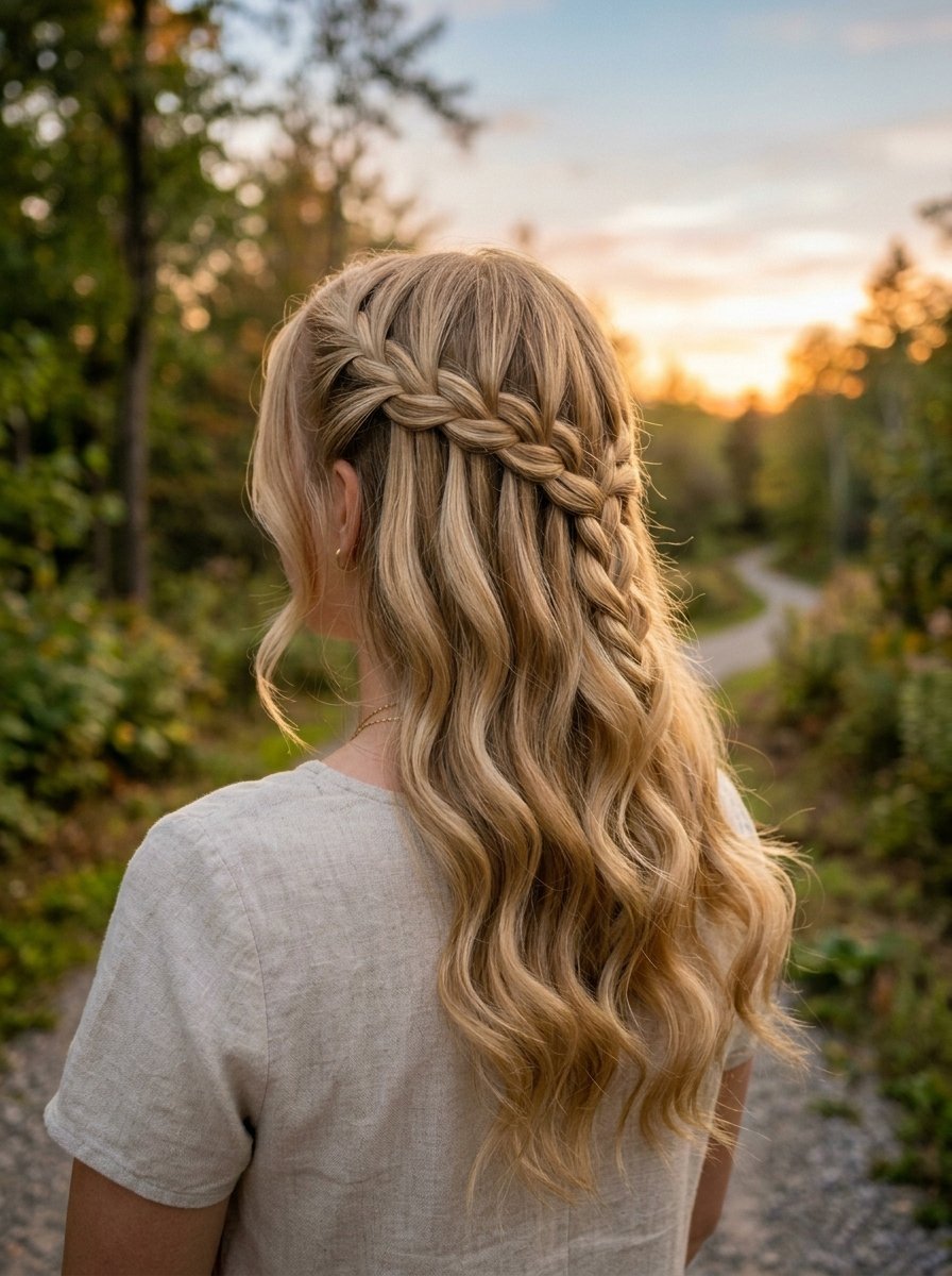 Back view of a woman wearing a half-up waterfall braid hairstyle standing on a forest path at sunset.