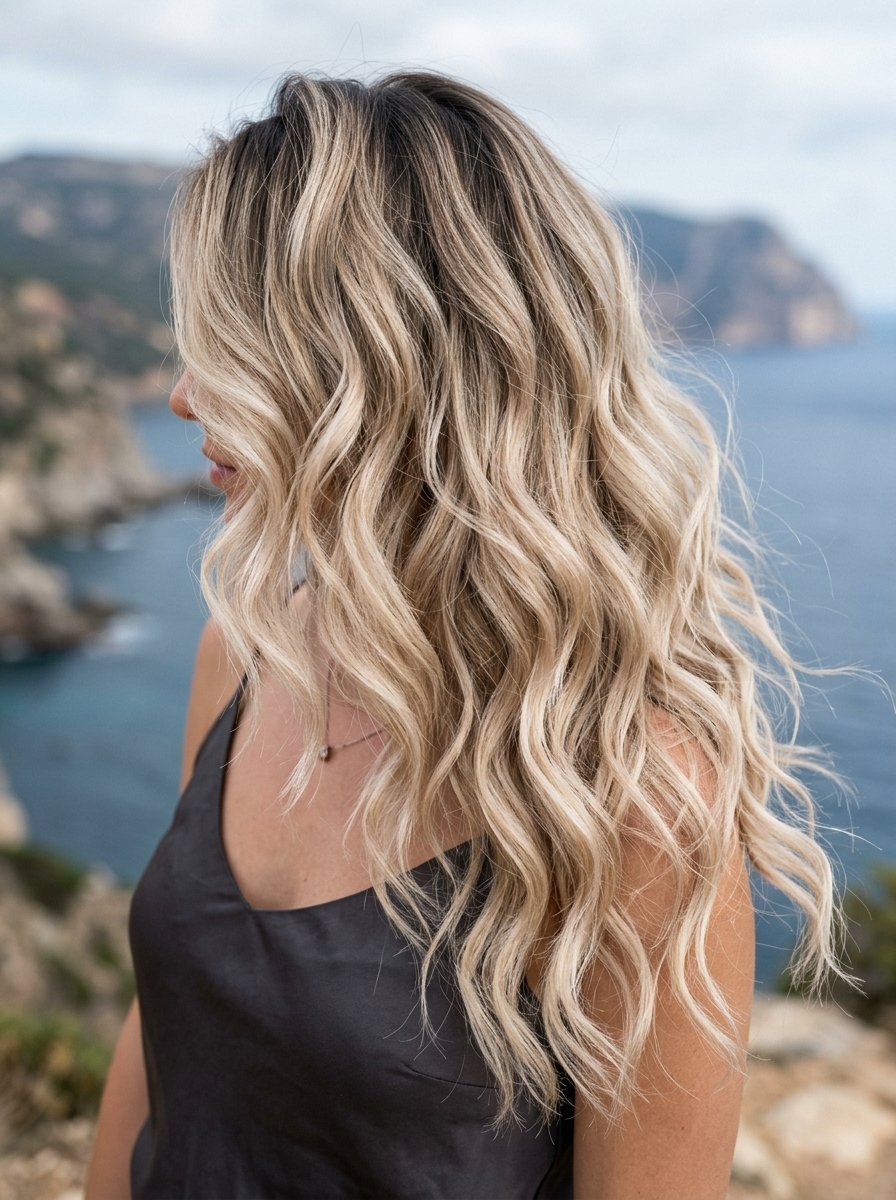 Profile view of a woman with highlighted wavy blonde hair standing outdoors against a coastal cliff background.