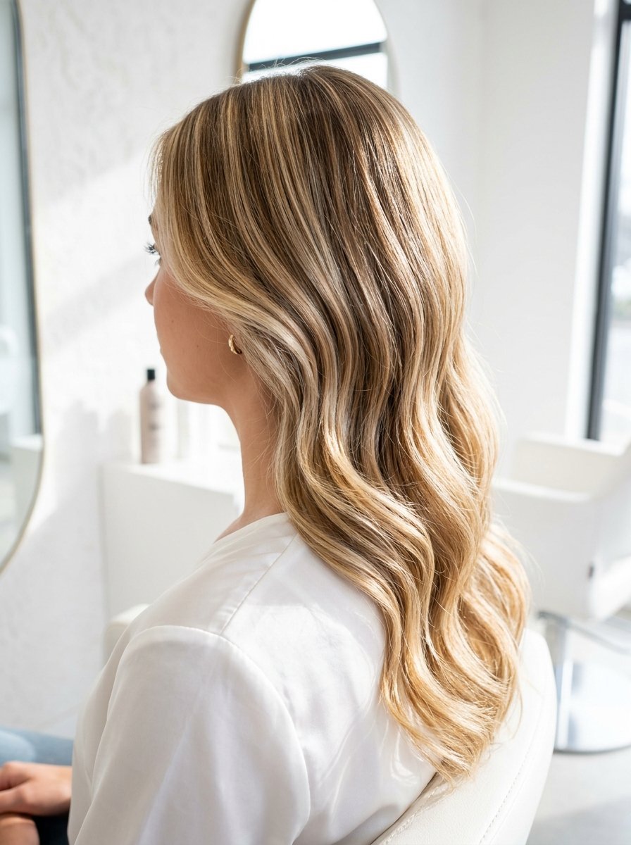 Side profile view of a woman with long, highlighted wavy blonde hair sitting in a bright professional hair salon.