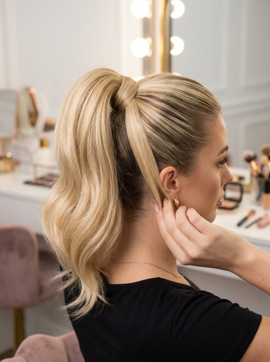 Side profile of a woman with blonde hair styled in a high ponytail with a hair-wrapped base and loose waves.